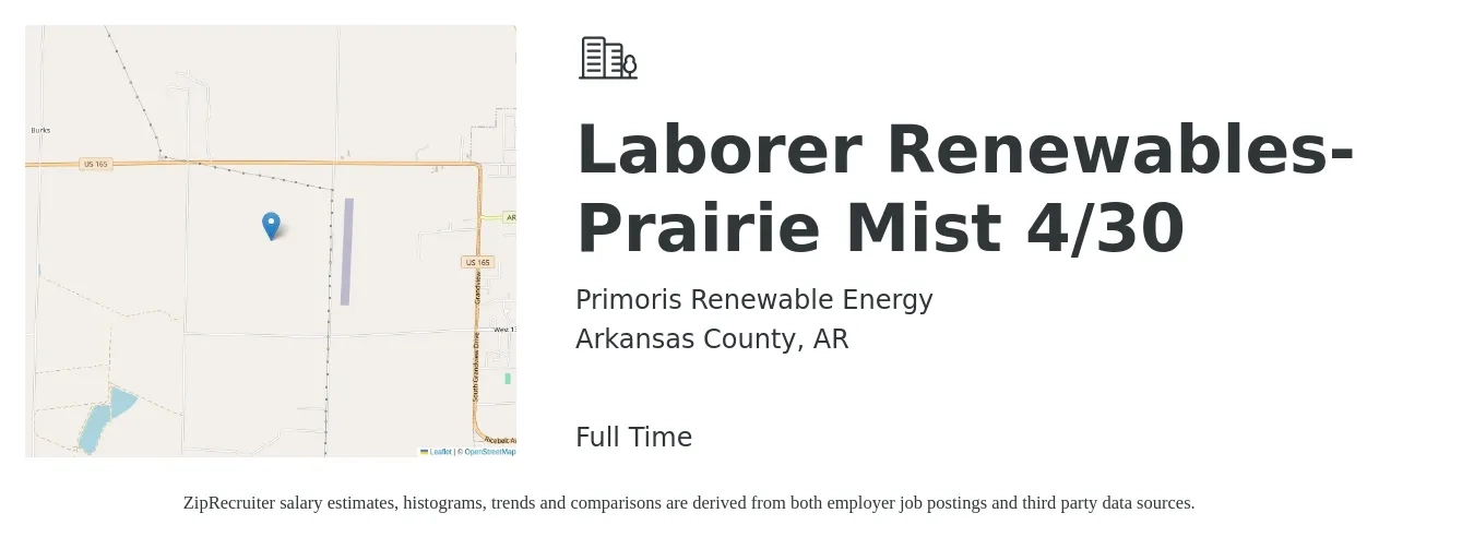 Primoris Renewable Energy job posting for a Laborer Renewables-Prairie Mist 4/30 in Arkansas County, AR with a salary of $15 to $18 Hourly with a map of Arkansas County location.