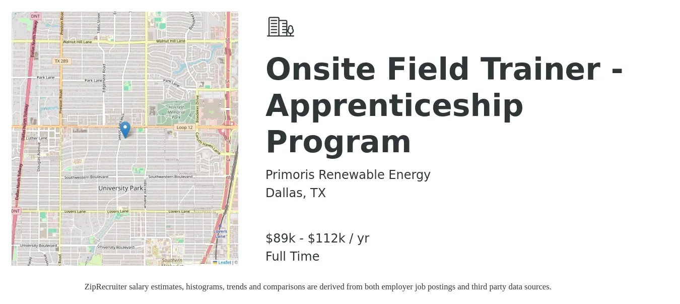 Primoris Renewable Energy job posting for a Onsite Field Trainer - Apprenticeship Program in Dallas, TX with a salary of $89,000 to $112,000 Yearly with a map of Dallas location.