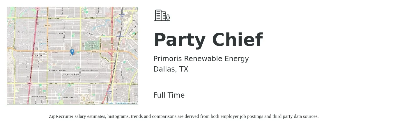Primoris Renewable Energy job posting for a Party Chief in Dallas, TX with a salary of $26 to $33 Hourly with a map of Dallas location.