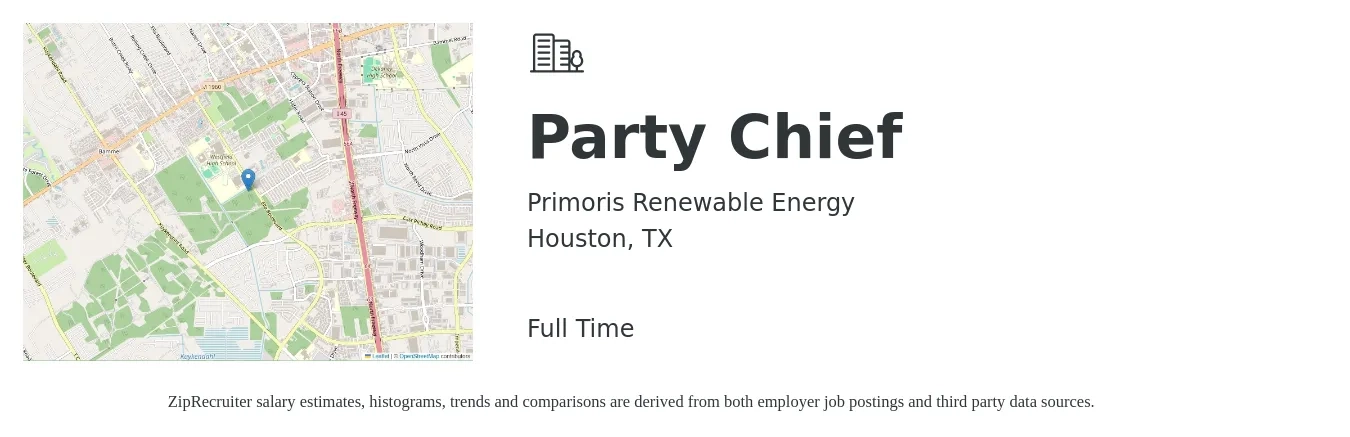 Primoris Renewable Energy job posting for a Party Chief in Houston, TX with a salary of $24 to $32 Hourly with a map of Houston location.