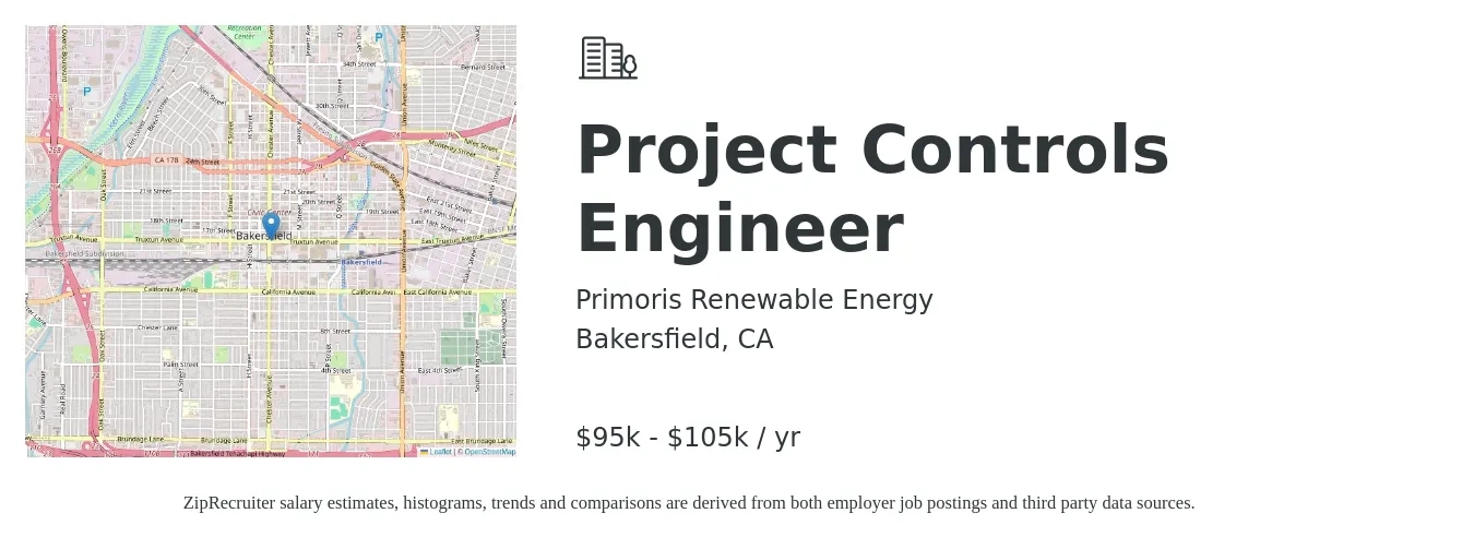 Primoris Renewable Energy job posting for a Project Controls Engineer in Bakersfield, CA with a salary of $95,000 to $105,000 Yearly with a map of Bakersfield location.