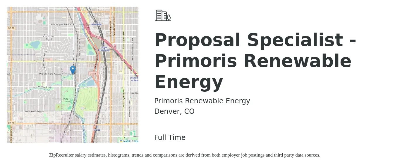 Primoris Renewable Energy job posting for a Proposal Specialist - Primoris Renewable Energy in Denver, CO with a salary of $52,500 to $82,300 Yearly with a map of Denver location.
