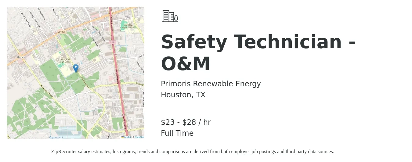 Primoris Renewable Energy job posting for a Safety Technician - O&M in Houston, TX with a salary of $24 to $30 Hourly with a map of Houston location.