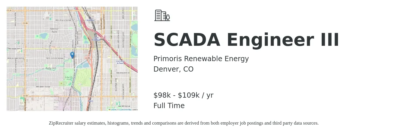 Primoris Renewable Energy job posting for a SCADA Engineer III in Denver, CO with a salary of $98,000 to $109,000 Yearly with a map of Denver location.
