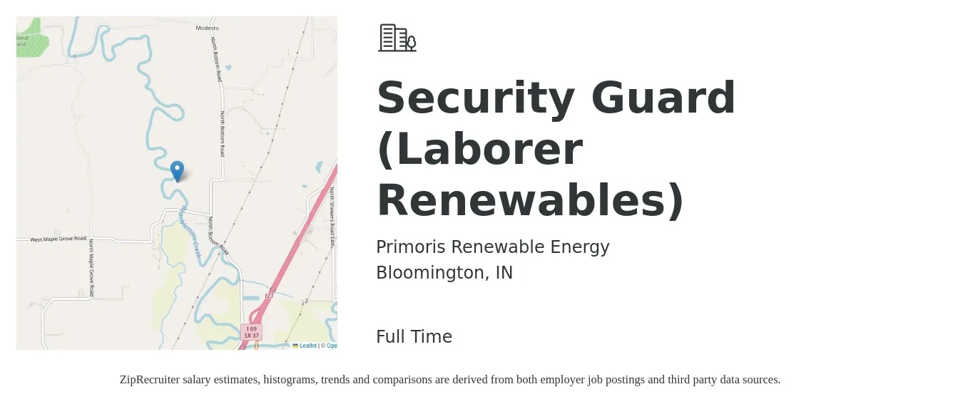 Primoris Renewable Energy job posting for a Security Guard (Laborer Renewables) in Bloomington, IN with a salary of $16 to $21 Hourly with a map of Bloomington location.