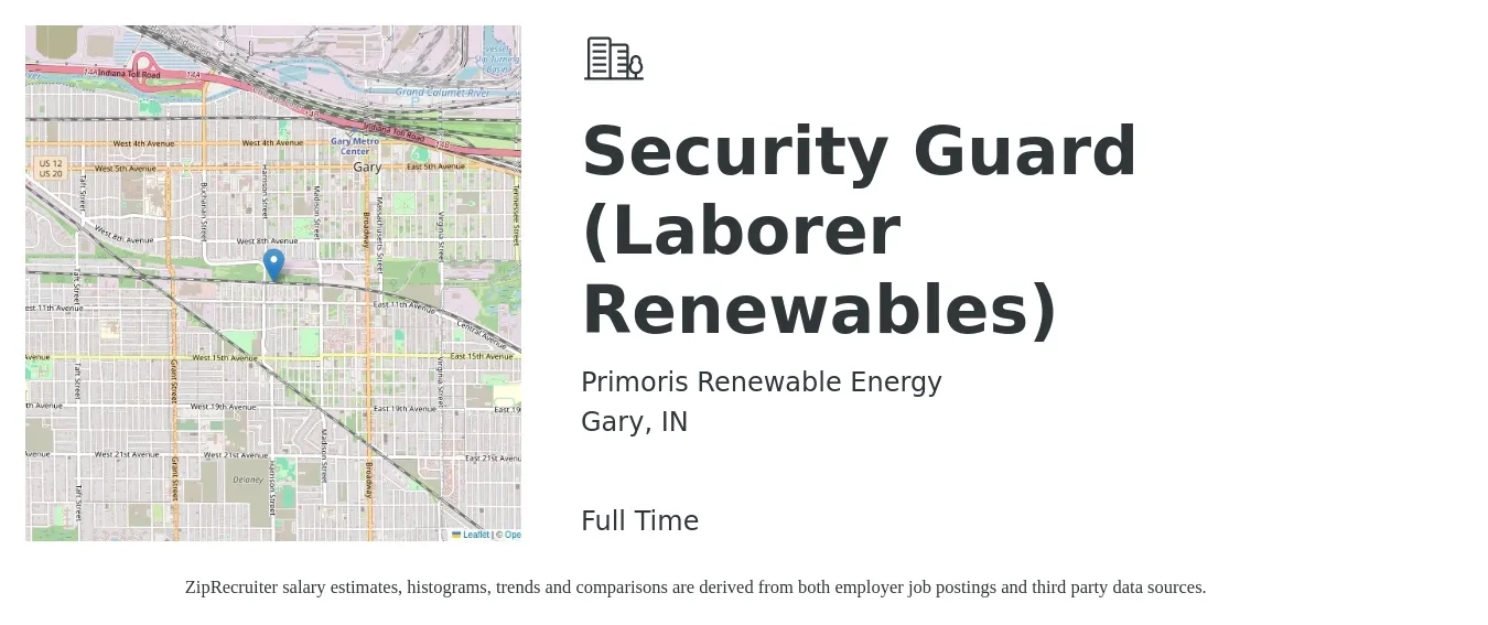 Primoris Renewable Energy job posting for a Security Guard (Laborer Renewables) in Gary, IN with a salary of $18 to $23 Hourly with a map of Gary location.