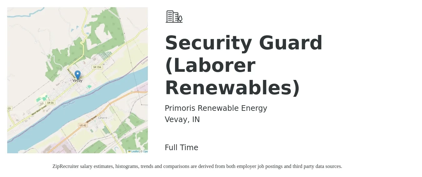 Primoris Renewable Energy job posting for a Security Guard (Laborer Renewables) in Vevay, IN with a salary of $16 to $21 Hourly with a map of Vevay location.