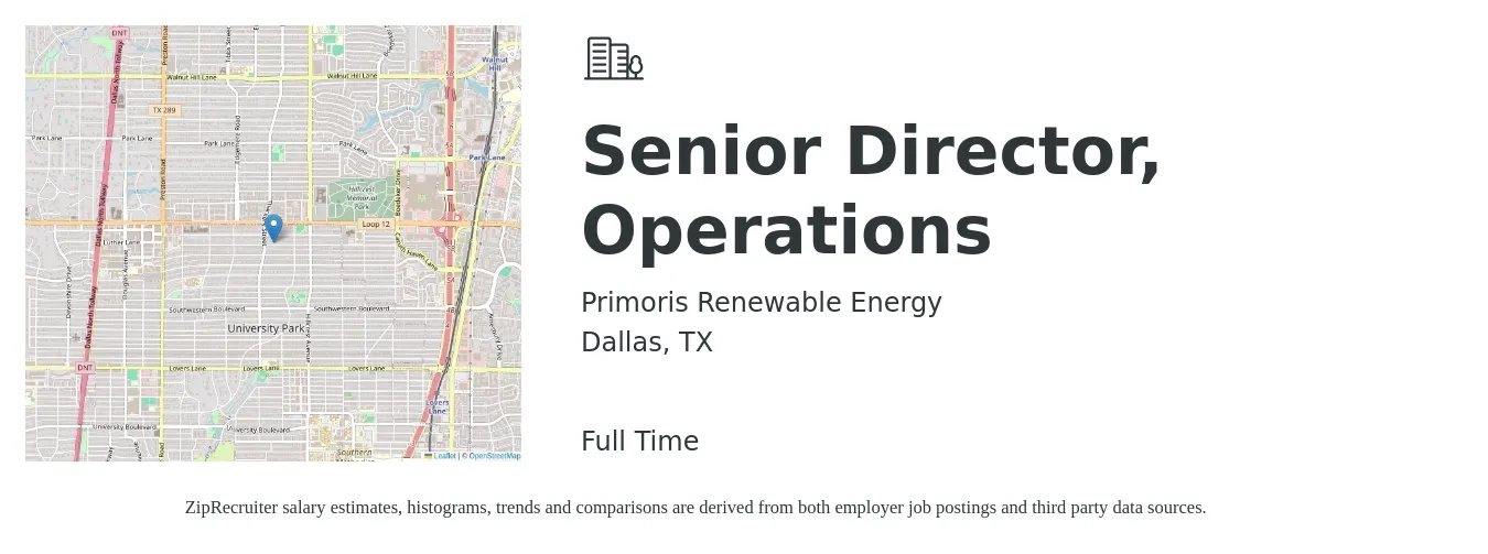Primoris Renewable Energy job posting for a Senior Director, Operations in Dallas, TX with a salary of $74,700 to $134,000 Yearly with a map of Dallas location.