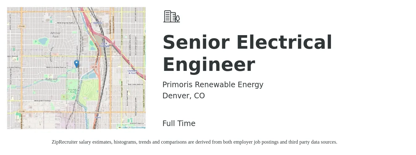 Primoris Renewable Energy job posting for a Senior Electrical Engineer in Denver, CO with a salary of $128,000 to $156,000 Yearly with a map of Denver location.