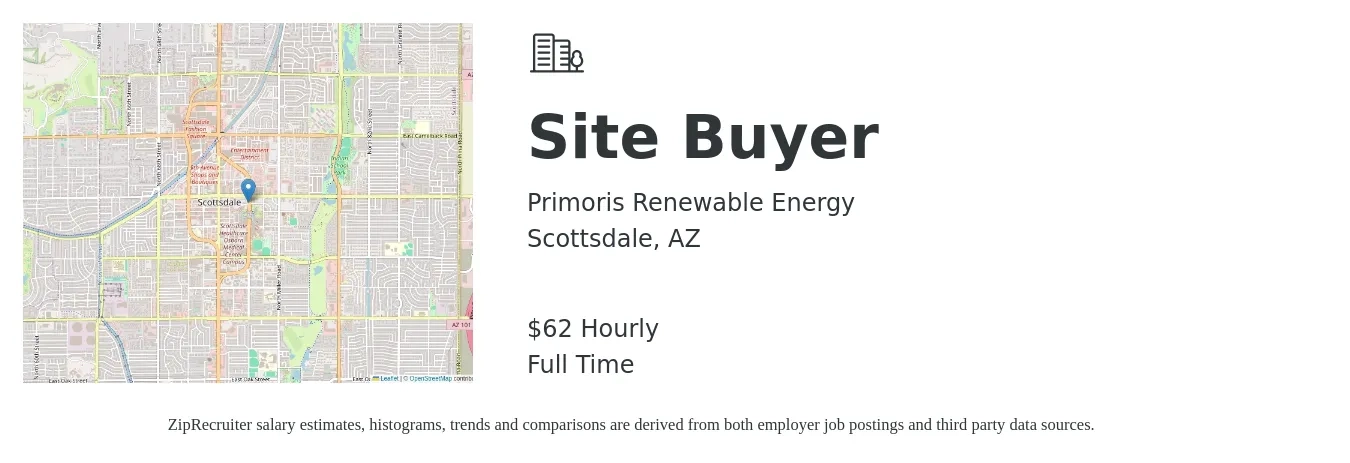 Primoris Renewable Energy job posting for a Site Buyer in Scottsdale, AZ with a salary of $65 Hourly with a map of Scottsdale location.