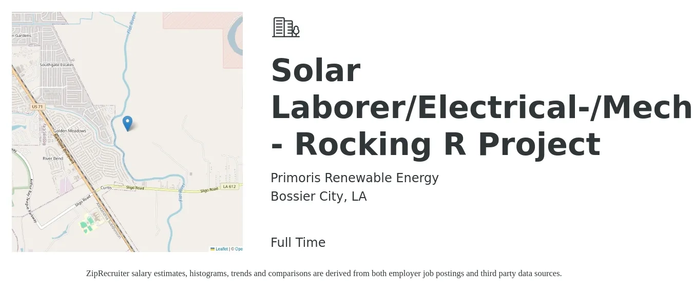 Primoris Renewable Energy job posting for a Solar Laborer/Electrical-/Mechanical/Civil - Rocking R Project in Bossier City, LA with a salary of $14 to $17 Hourly with a map of Bossier City location.