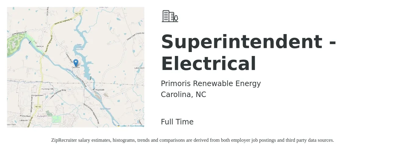 Primoris Renewable Energy job posting for a Superintendent - Electrical in Carolina, NC with a salary of $28 to $42 Hourly with a map of Carolina location.
