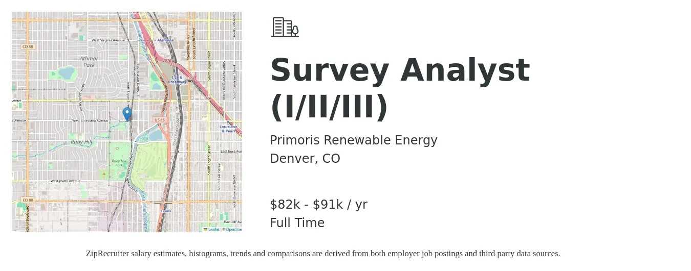 Primoris Renewable Energy job posting for a Survey Analyst (I/II/III) in Denver, CO with a salary of $82,315 to $91,462 Yearly with a map of Denver location.