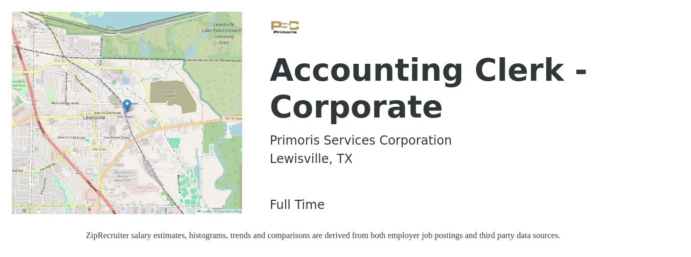 Primoris Services Corporation job posting for a Accounting Clerk - Corporate in Lewisville, TX with a salary of $17 to $22 Hourly with a map of Lewisville location.