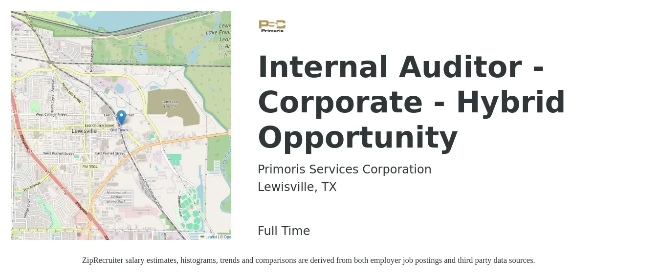 Primoris Services Corporation job posting for a Internal Auditor - Corporate - Hybrid Opportunity in Lewisville, TX with a salary of $54,900 to $83,000 Yearly with a map of Lewisville location.