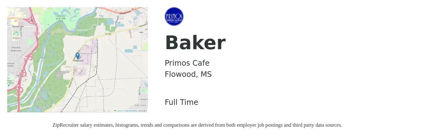 Primos Cafe job posting for a Baker in Flowood, MS with a salary of $11 to $14 Hourly with a map of Flowood location.