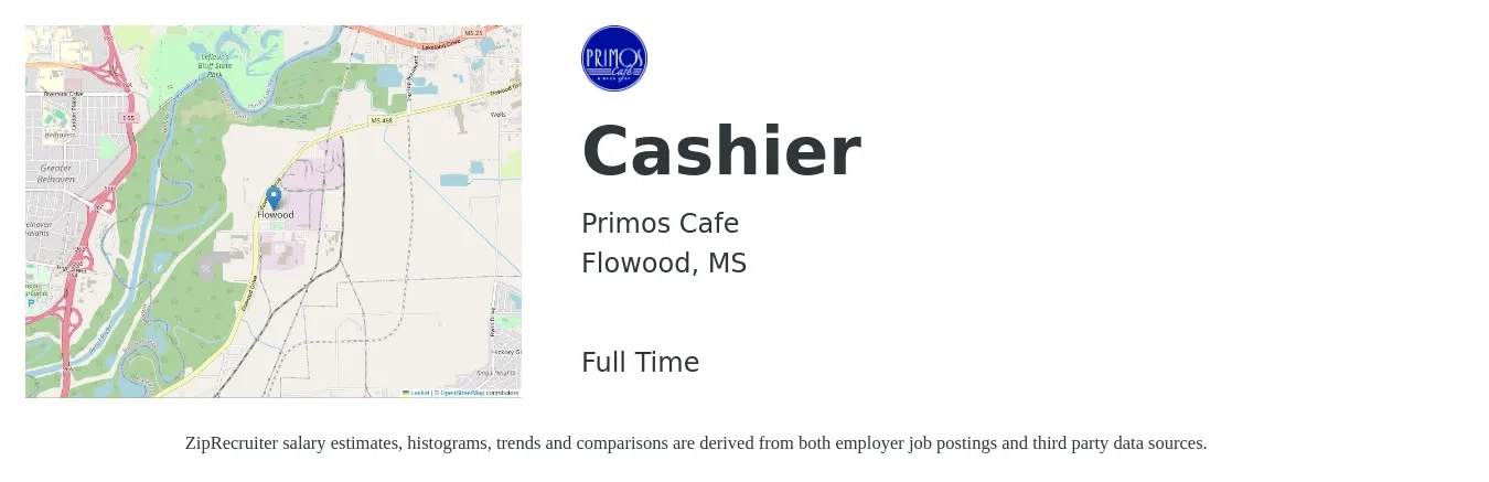 Primos Cafe job posting for a Cashier in Flowood, MS with a salary of $10 to $14 Hourly with a map of Flowood location.