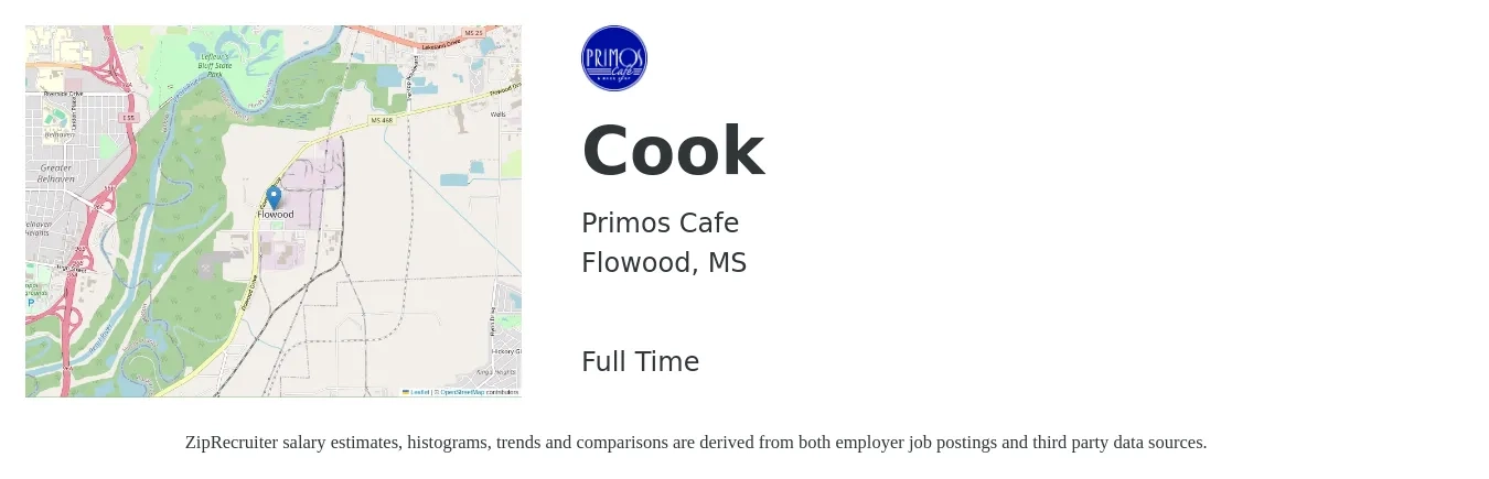 Primos Cafe job posting for a Cook in Flowood, MS with a salary of $12 to $16 Hourly with a map of Flowood location.