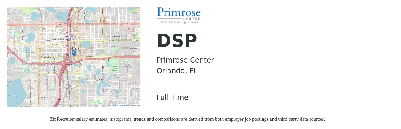 Primrose Center job posting for a DSP in Orlando, FL with a salary of $15 Hourly with a map of Orlando location.