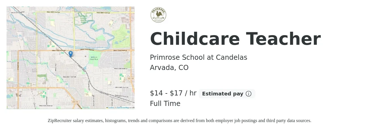 Primrose School at Candelas job posting for a Childcare Teacher in Arvada, CO with a salary of $16 to $18 Daily with a map of Arvada location.