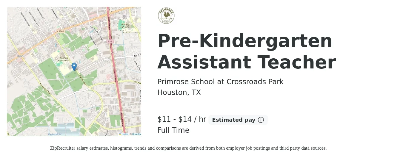 Primrose School at Crossroads Park job posting for a Pre-Kindergarten Assistant Teacher in Houston, TX with a salary of $12 to $15 Hourly with a map of Houston location.
