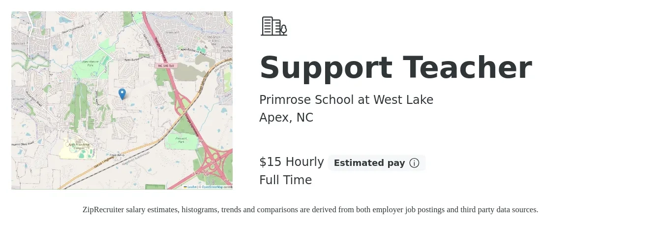 Primrose School at West Lake job posting for a Support Teacher in Apex, NC with a salary of $16 Hourly with a map of Apex location.