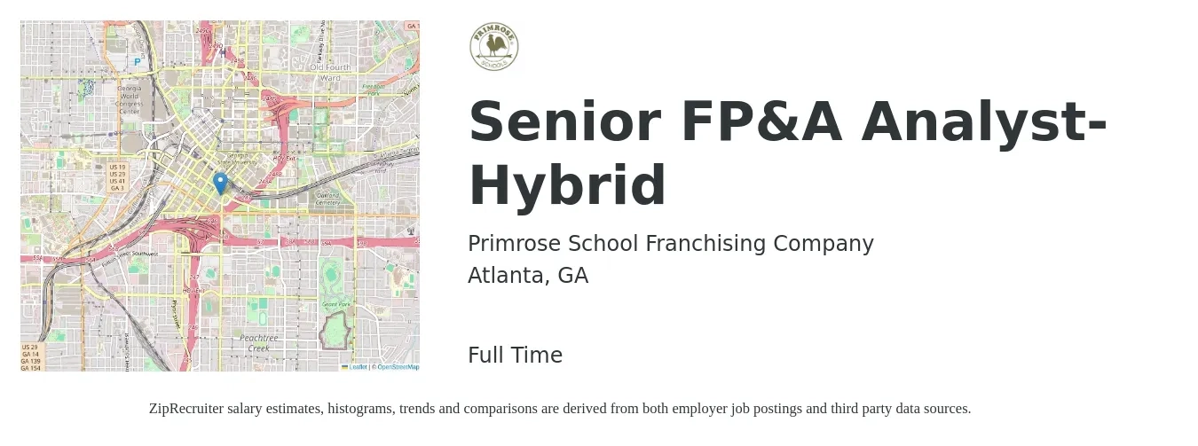 Primrose School Franchising Company job posting for a Senior FP&A Analyst-Hybrid in Atlanta, GA with a salary of $81,200 to $101,200 Yearly with a map of Atlanta location.