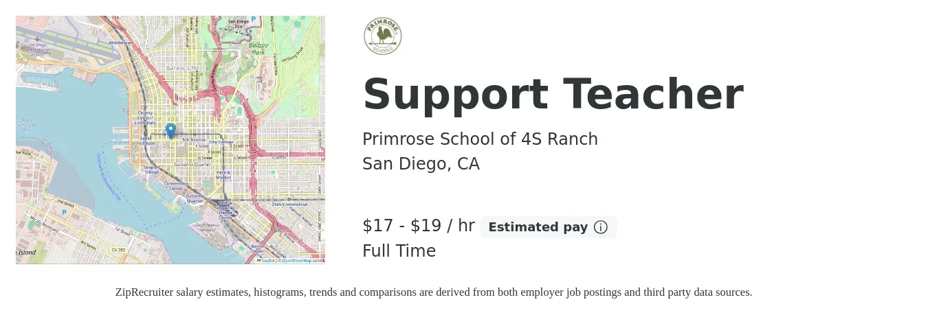 Primrose School of 4S Ranch job posting for a Support Teacher in San Diego, CA with a salary of $18 to $20 Hourly with a map of San Diego location.