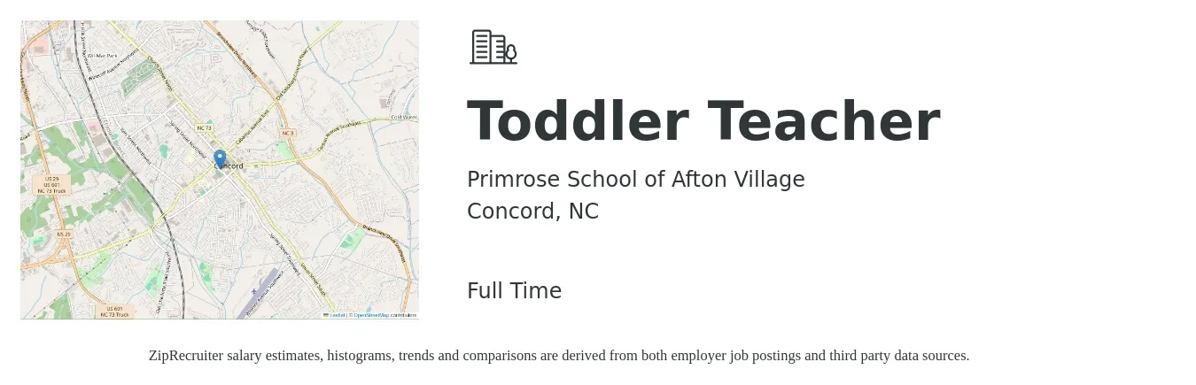 Primrose School of Afton Village job posting for a Toddler Teacher in Concord, NC with a salary of $13 to $16 Hourly with a map of Concord location.