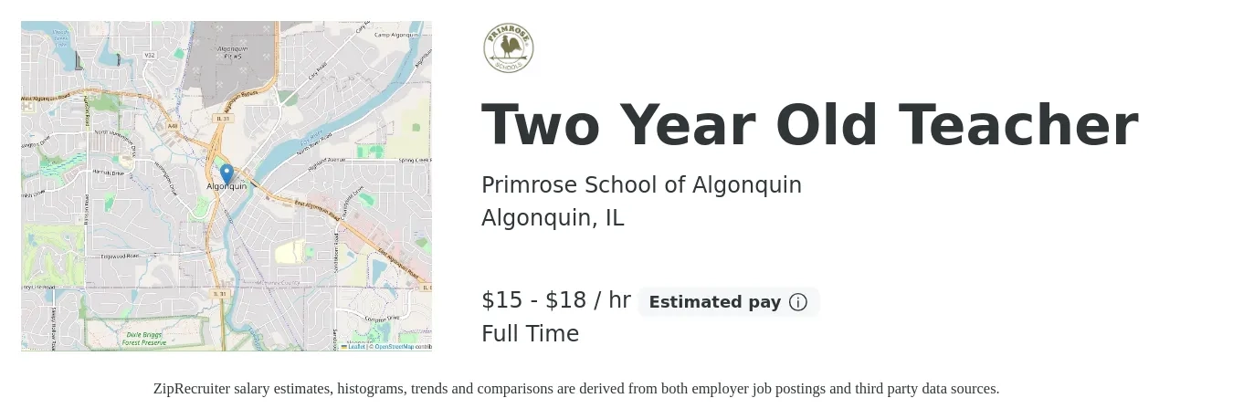 Primrose School of Algonquin job posting for a Two Year Old Teacher in Algonquin, IL with a salary of $16 to $19 Hourly with a map of Algonquin location.