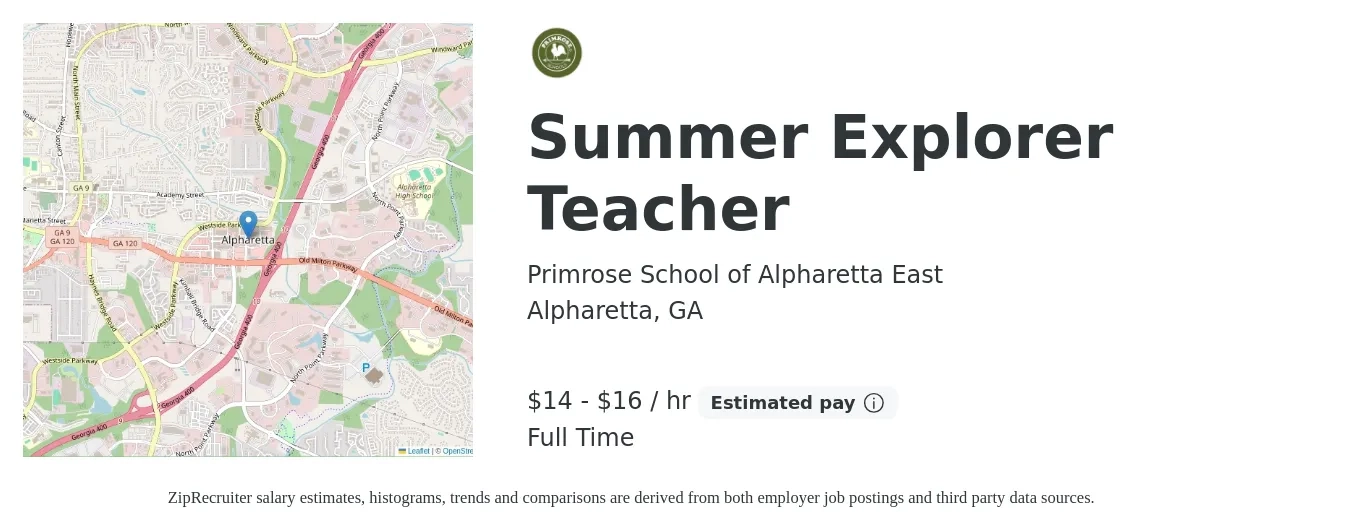 Primrose School of Alpharetta East job posting for a Summer Explorer Teacher in Alpharetta, GA with a salary of $15 to $17 Hourly with a map of Alpharetta location.