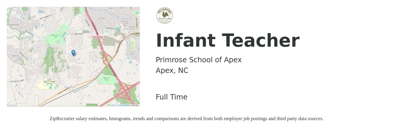 Primrose School of Apex job posting for a Infant Teacher in Apex, NC with a salary of $11 to $14 Hourly with a map of Apex location.