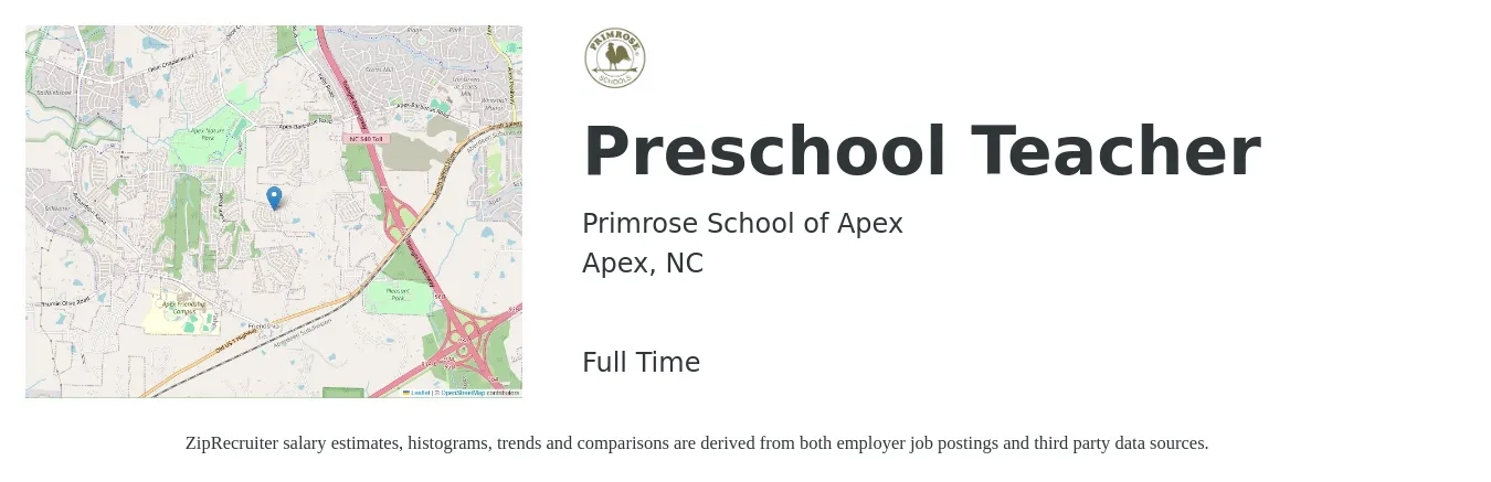 Primrose School of Apex job posting for a Preschool Teacher in Apex, NC with a salary of $12 to $15 Hourly with a map of Apex location.
