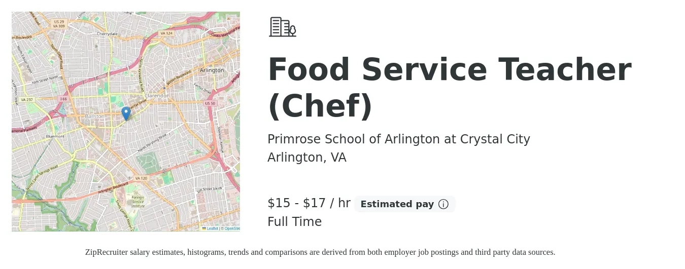 Primrose School of Arlington at Crystal City job posting for a Food Service Teacher (Chef) in Arlington, VA with a salary of $16 to $18 Hourly with a map of Arlington location.
