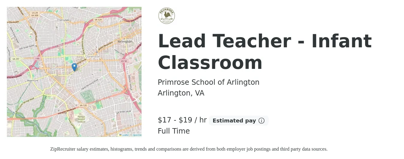 Primrose School of Arlington job posting for a Lead Teacher - Infant Classroom in Arlington, VA with a salary of $18 to $20 Hourly with a map of Arlington location.