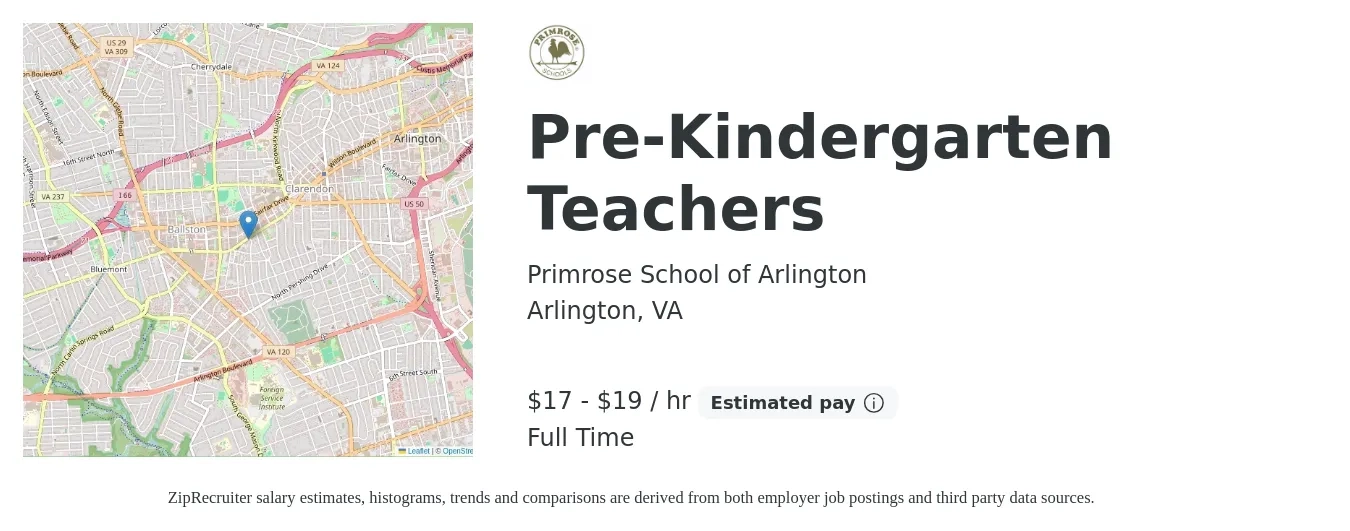 Primrose School of Arlington job posting for a Pre-Kindergarten Teachers in Arlington, VA with a salary of $18 to $20 Hourly with a map of Arlington location.