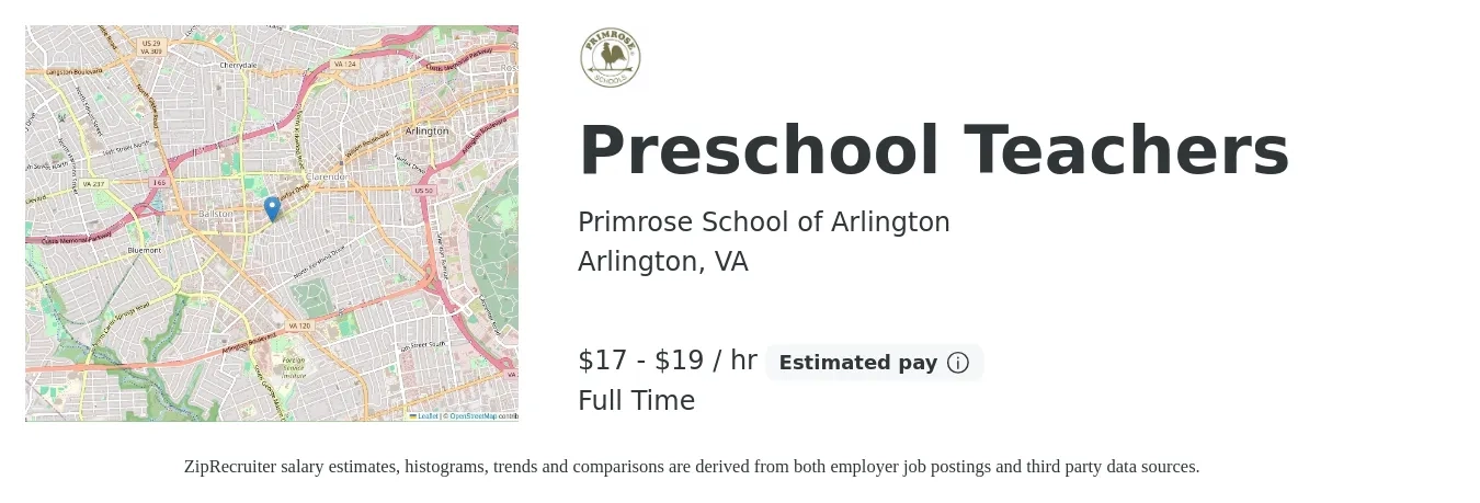 Primrose School of Arlington job posting for a Preschool Teachers in Arlington, VA with a salary of $18 to $20 Hourly with a map of Arlington location.