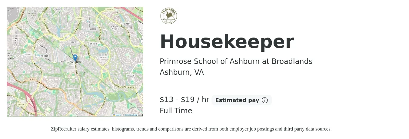 Primrose School of Ashburn job posting for a Housekeeper in Ashburn, VA with a salary of $14 to $20 Hourly with a map of Ashburn location.