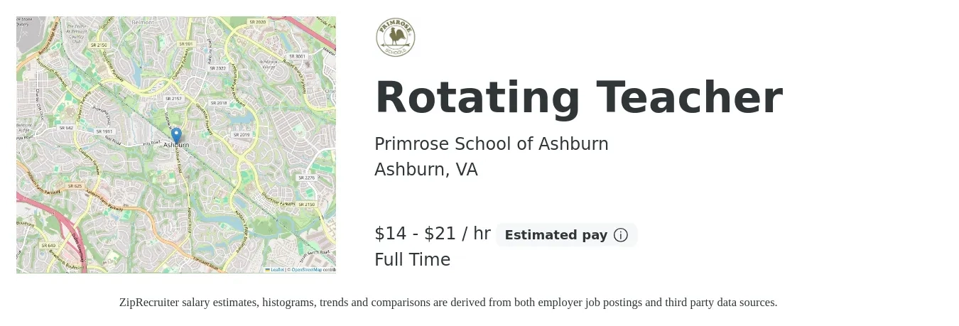 Primrose School of Ashburn job posting for a Rotating Teacher in Ashburn, VA with a salary of $15 to $22 Hourly with a map of Ashburn location.