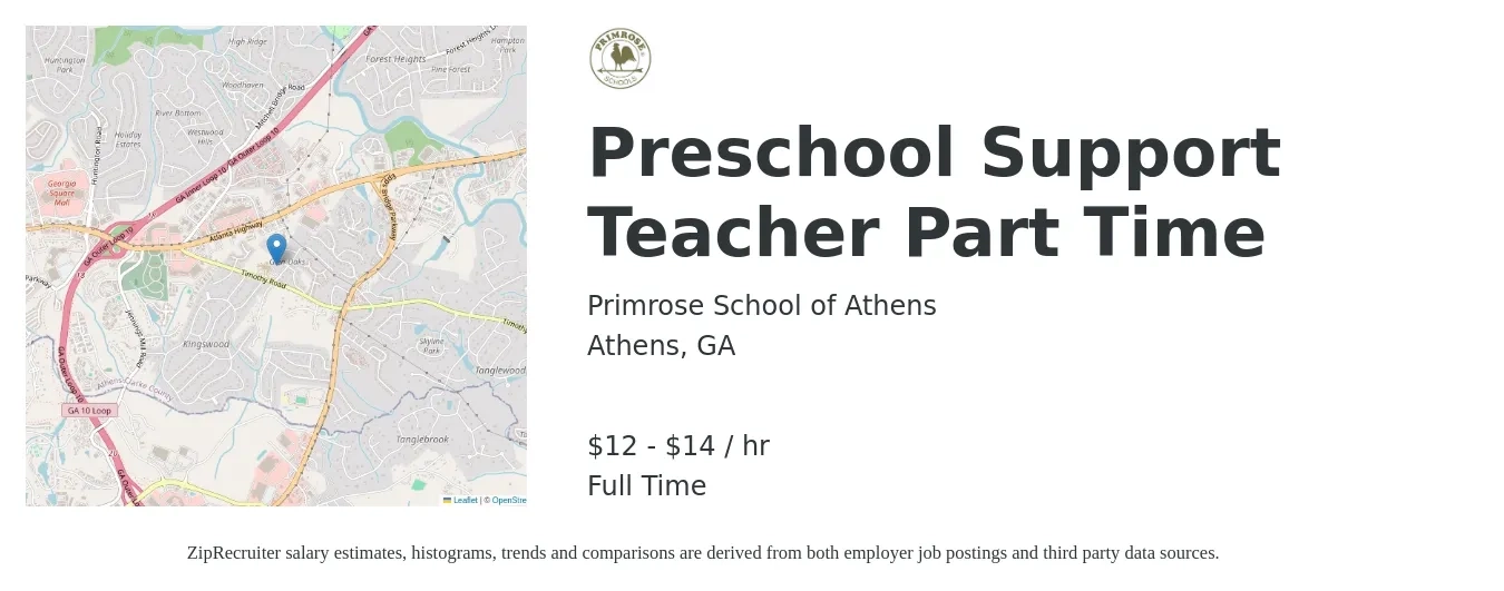 Primrose School of Athens job posting for a Preschool Support Teacher Part Time in Athens, GA with a salary of $13 to $15 Hourly with a map of Athens location.