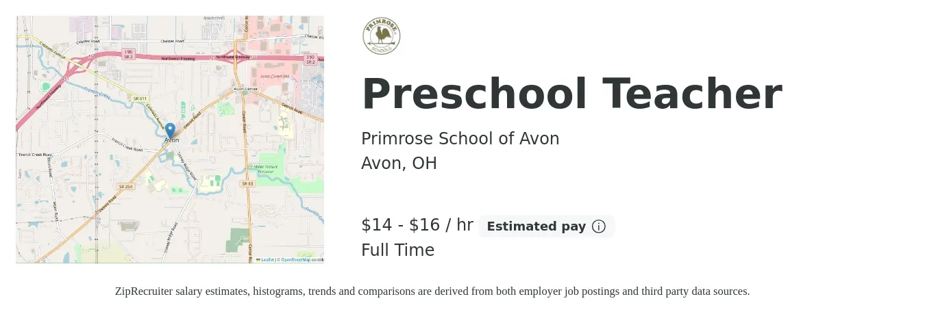 Primrose School of Avon job posting for a Preschool Teacher in Avon, OH with a salary of $15 to $17 Hourly with a map of Avon location.