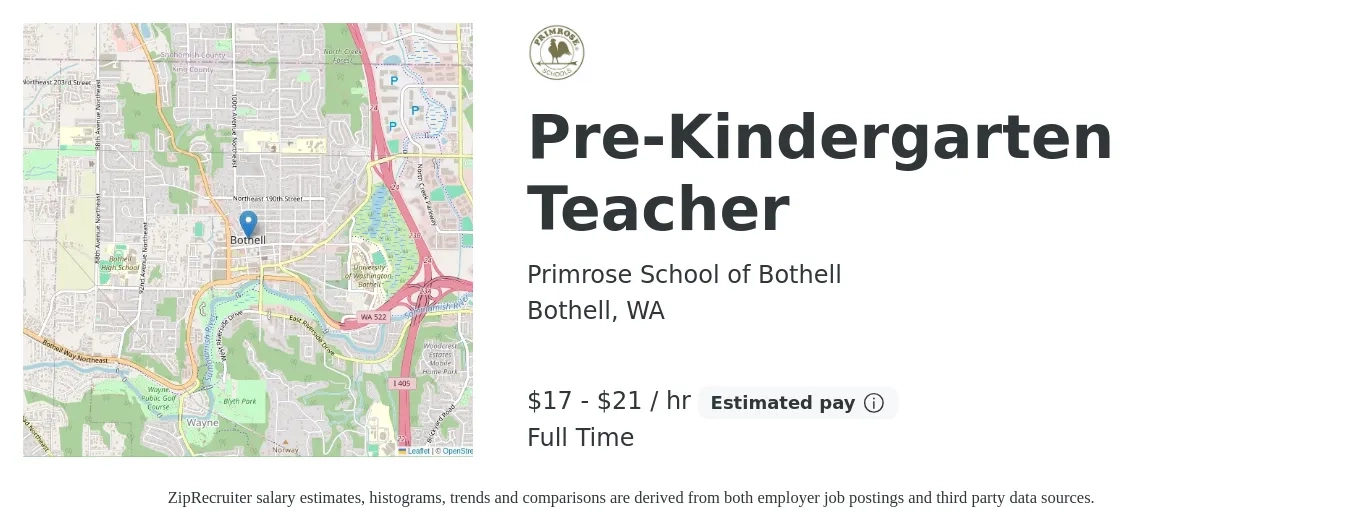 Primrose School of Bothell job posting for a Pre-Kindergarten Teacher in Bothell, WA with a salary of $18 to $22 Hourly with a map of Bothell location.