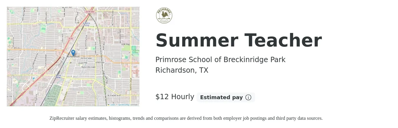 Primrose Schools job posting for a Summer Teacher in Richardson, TX with a salary of $13 Hourly with a map of Richardson location.
