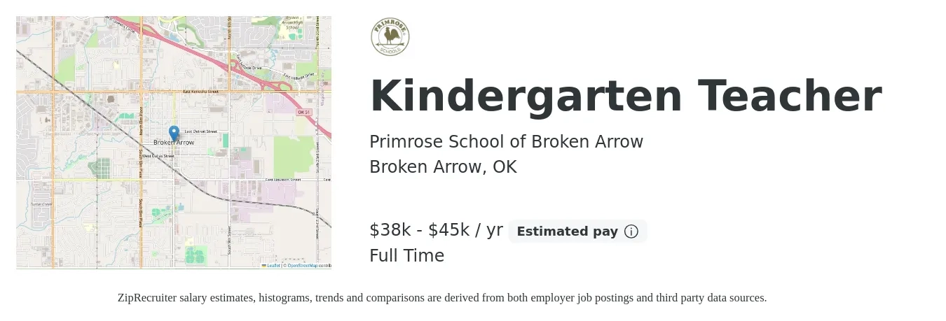 Primrose School of Broken Arrow job posting for a Kindergarten Teacher in Broken Arrow, OK with a salary of $38,000 to $45,000 Yearly with a map of Broken Arrow location.