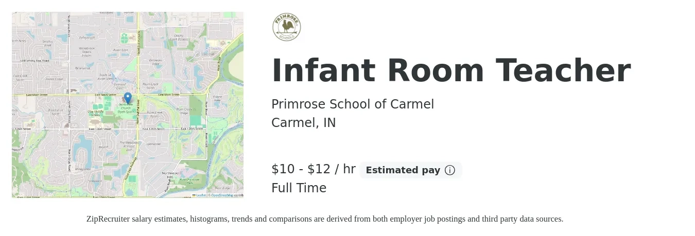 Primrose School of Carmel job posting for a Infant Room Teacher in Carmel, IN with a salary of $14 to $17 Hourly with a map of Carmel location.