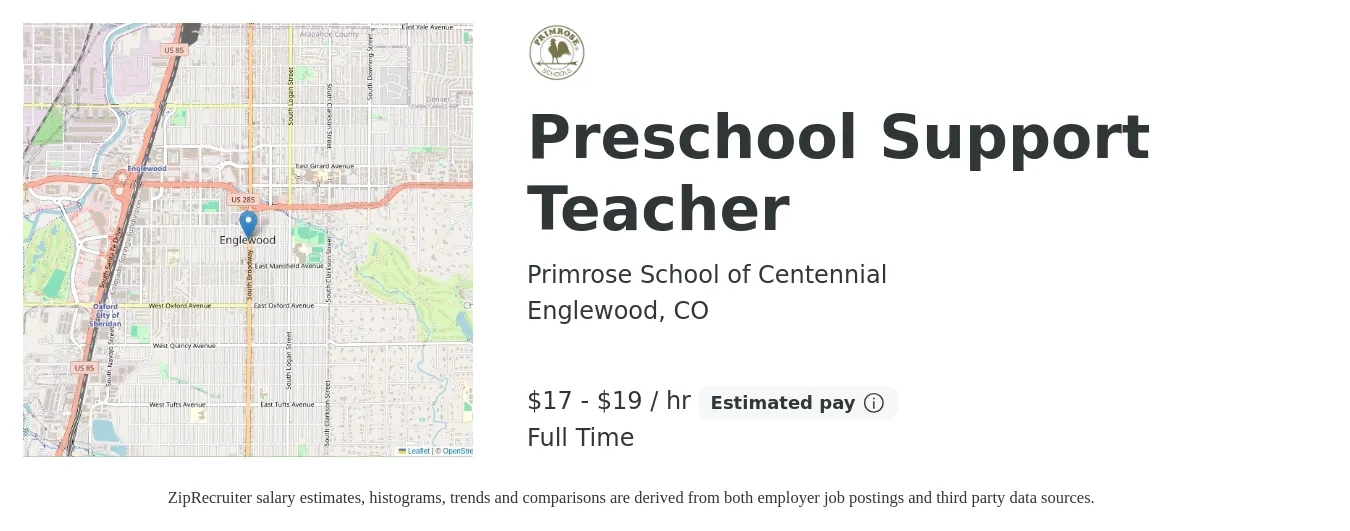 Primrose School of Centennial job posting for a Preschool Support Teacher in Englewood, CO with a salary of $18 to $20 Hourly with a map of Englewood location.