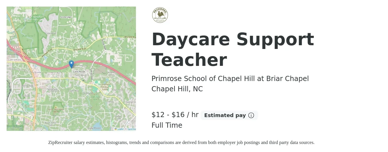 Primrose School of Chapel Hill at Briar Chapel job posting for a Daycare Support Teacher in Chapel Hill, NC with a salary of $13 to $17 Hourly with a map of Chapel Hill location.