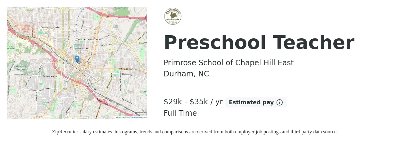 Primrose School of Chapel Hill East job posting for a Preschool Teacher in Durham, NC with a salary of $29,000 to $35,500 Yearly with a map of Durham location.