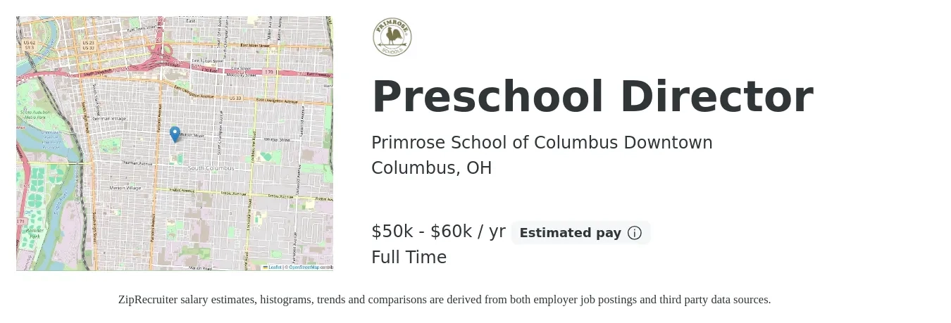 Primrose School of Columbus Downtown job posting for a Preschool Director in Columbus, OH with a salary of $50,000 to $60,000 Yearly with a map of Columbus location.