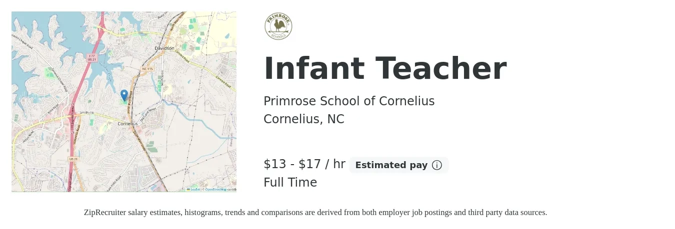 Primrose School of Cornelius job posting for a Infant Teacher in Cornelius, NC with a salary of $14 to $18 Hourly with a map of Cornelius location.